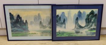 A pair of modern Chinese watercolours, Mountainous river landscapes with junks, signed and dated, 52 x 37cm